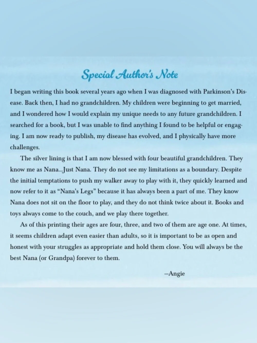 Sleepy Feet By, Angela Dincher autographed by me, explaining Parkinson’s Disease